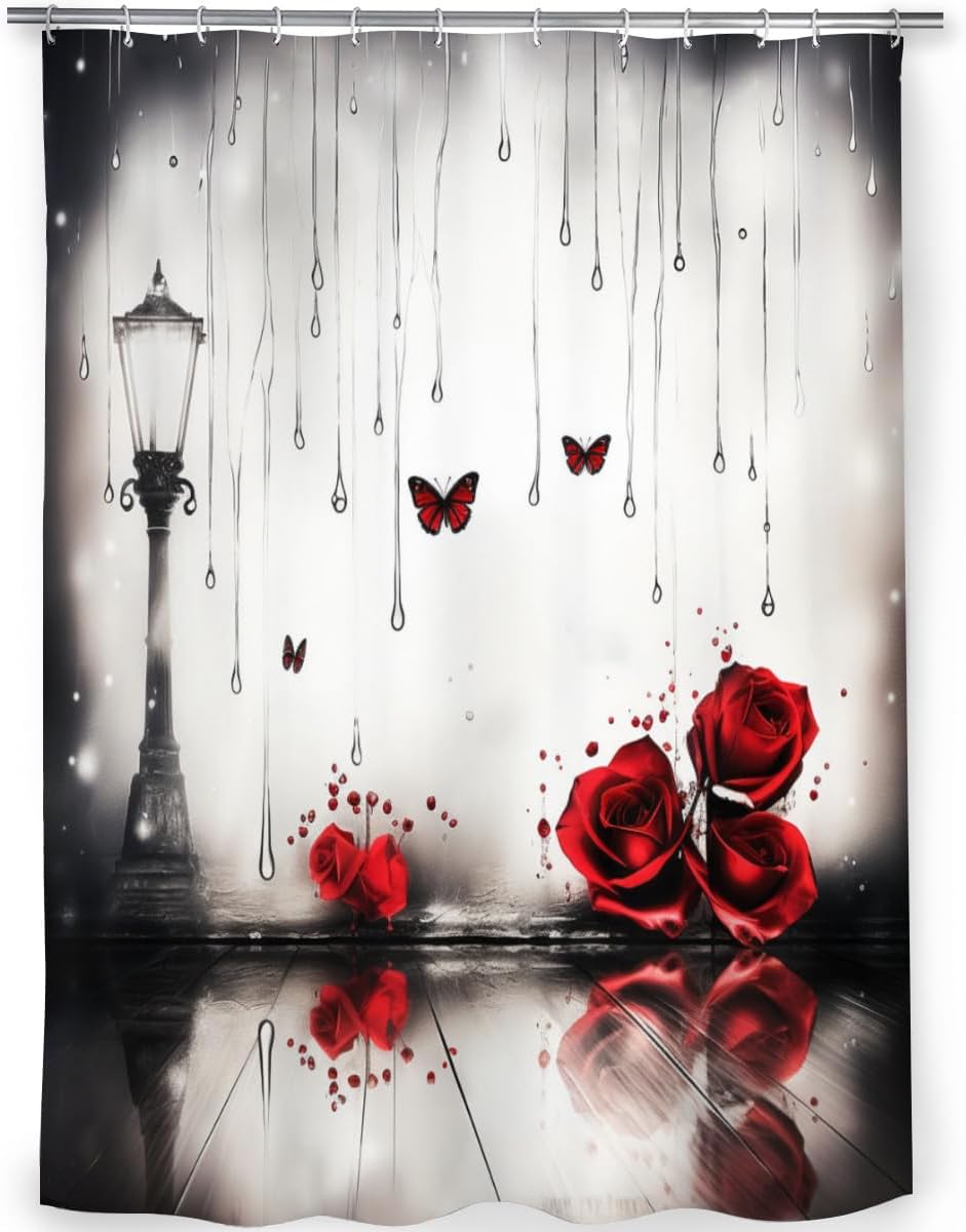 Red Rose with Butterfly and Street Lamp Shower Curtain Set 72x72 Inches