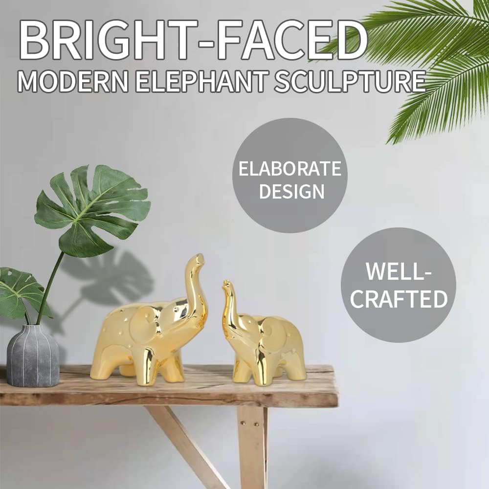 Handmade Ceramic Elephant Statue Pair - Gold Finish