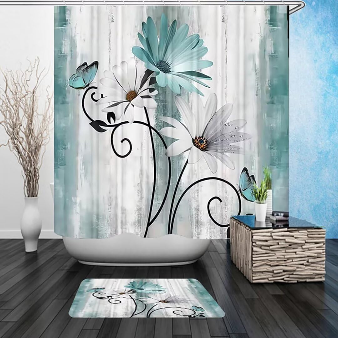 4PCS Rustic Teal Daisy Farmhouse Shower Curtain Set