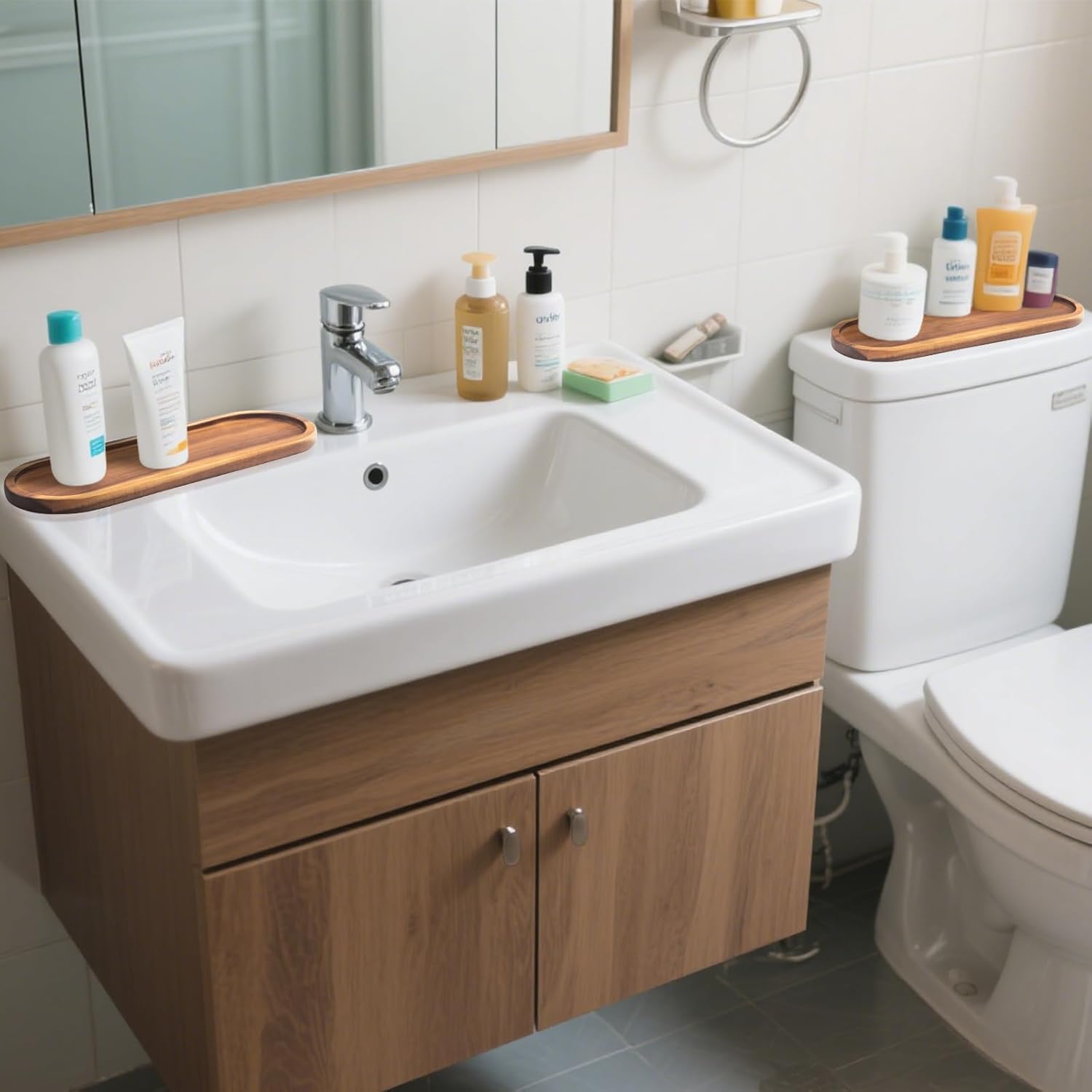 GinSent Wooden Vanity Bathroom Tray with Raised Edges