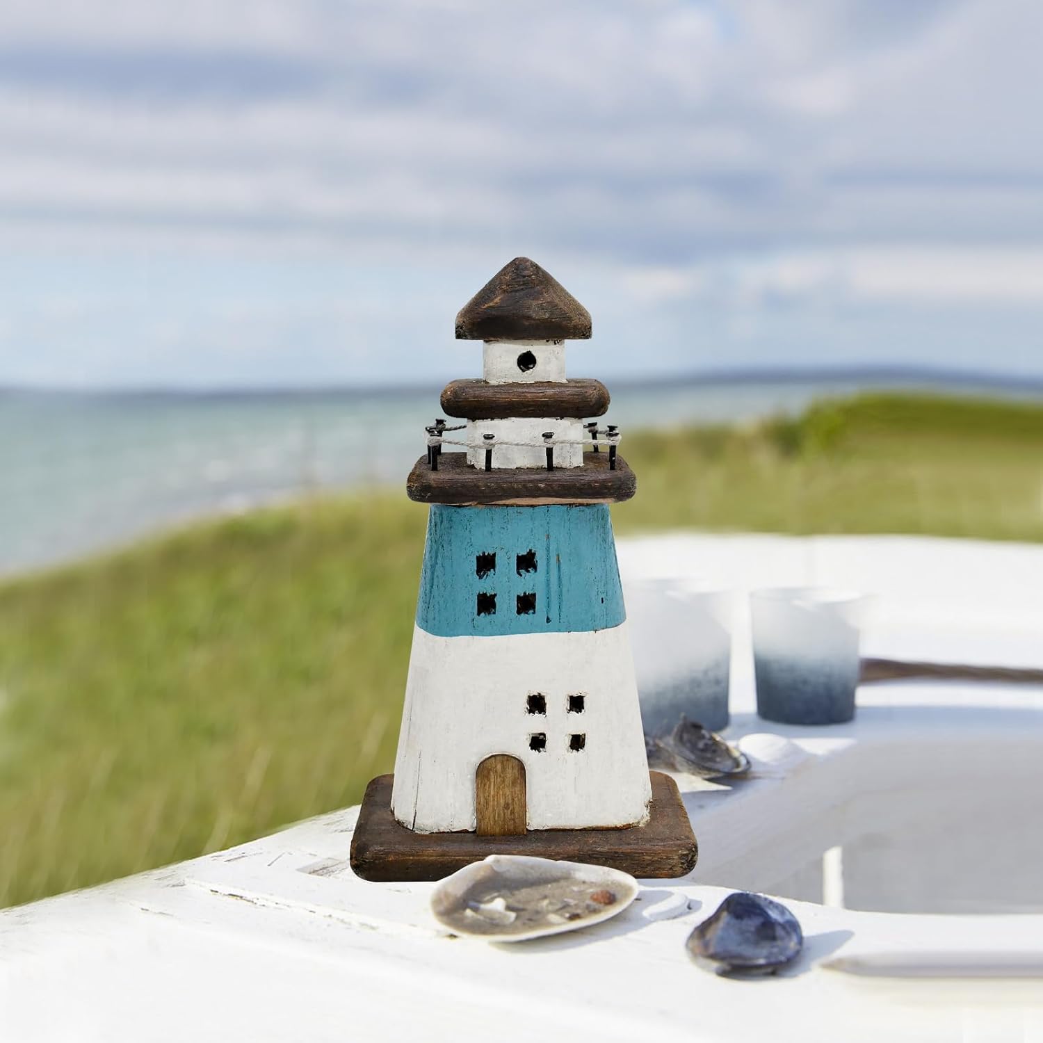 Wooden Lighthouse Decor Blue Nautical Centerpiece 1