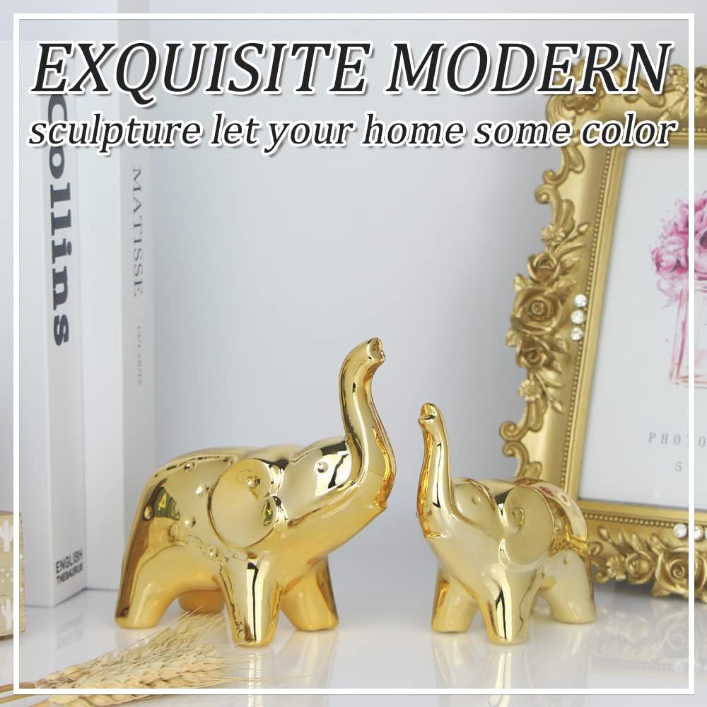 Handmade Ceramic Elephant Statue Pair - Gold Finish