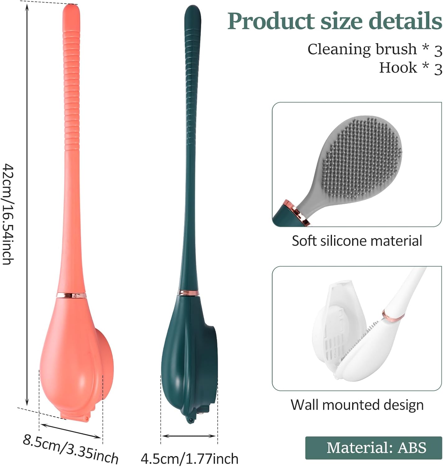 3Pcs ABS Shell Toilet Brush with Wall Mount Holder and Flexible Bristles