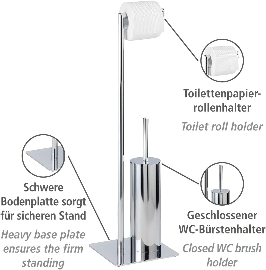 WENKO Free Standing Toilet Brush Holder Steel Silver 20x20x715cm