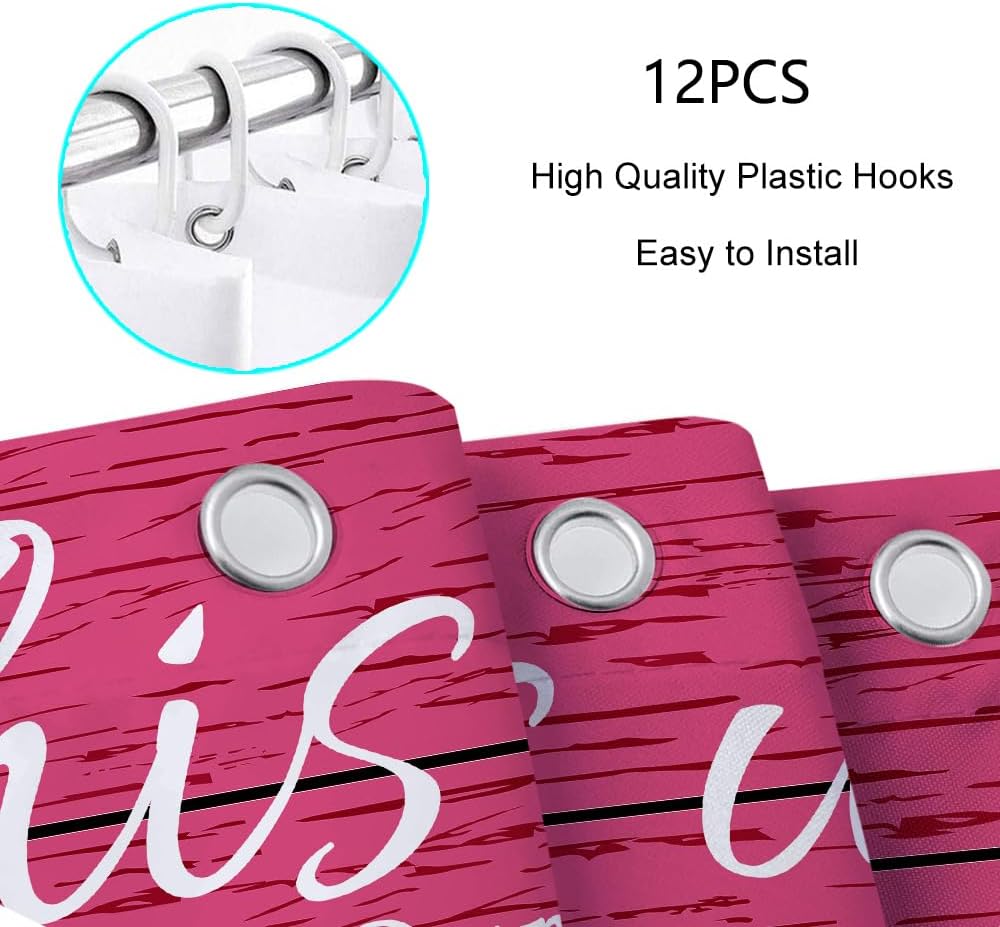 JAWO Family Shower Curtain Set - Pink Wood Design with 12 Hooks