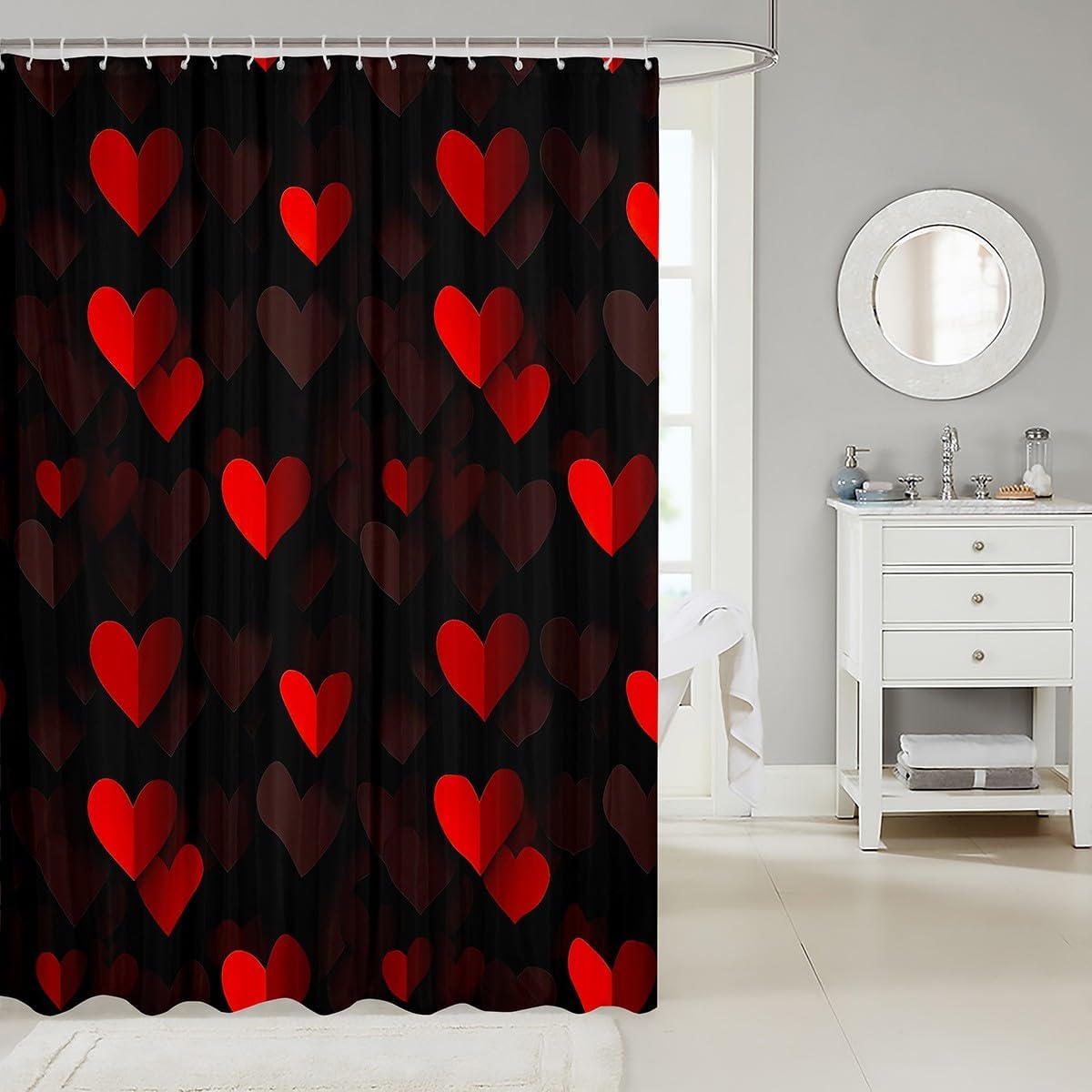 Feelyou Kids Red Black Heart Shower Curtain Set