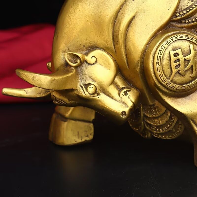 Chinese Golden Bull Brass Figurine Feng Shui Wealth Decor