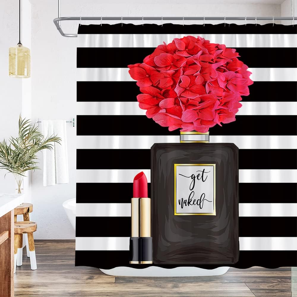 Black Floral Shower Curtain Set with Hook for Women