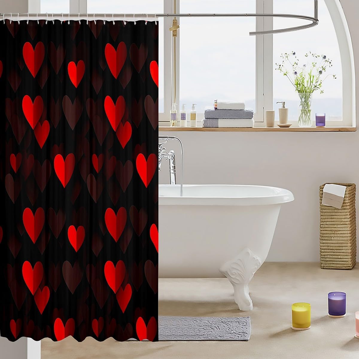 Feelyou Kids Red Black Heart Shower Curtain Set
