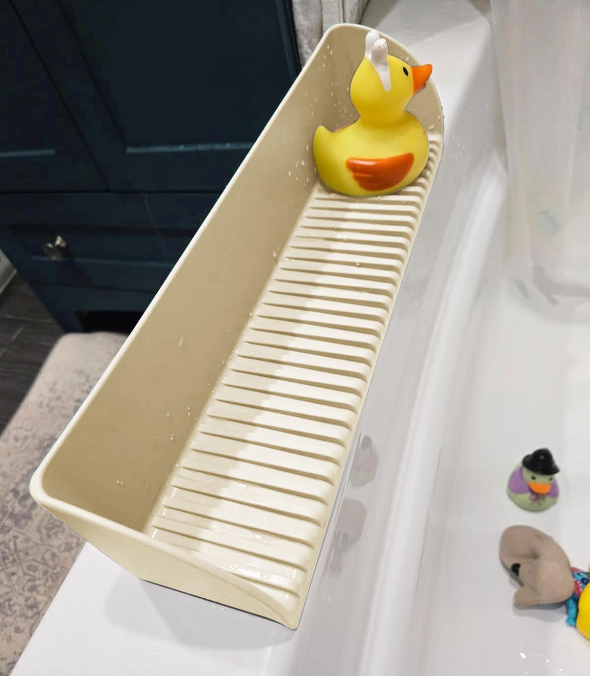 Roslim Splash Guard for Bathtub Sink - 4 Suction Cup Silicone Toy Tray Holder Beige