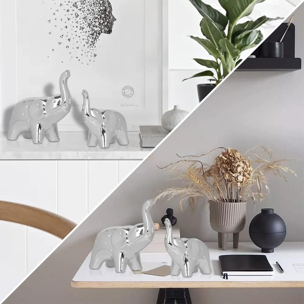 Handmade Silver Ceramic Elephant Statue Pair