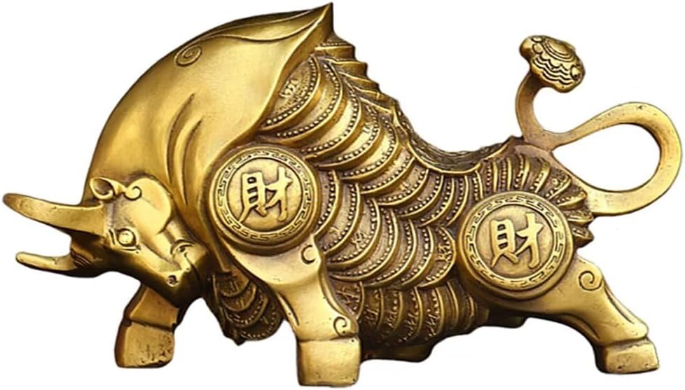 Chinese Golden Bull Brass Figurine Feng Shui Wealth Decor