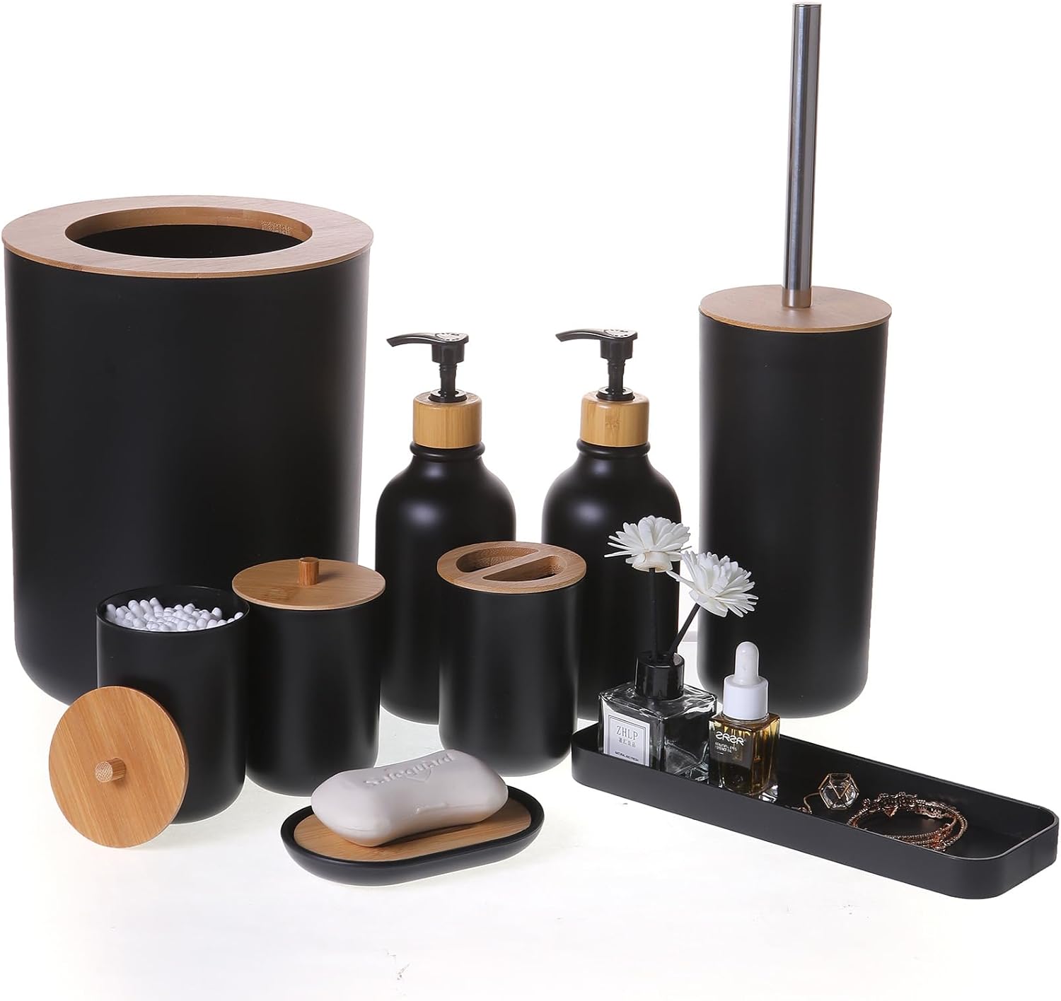 Matte Black 9PCS Bathroom Accessories Set with Trash Can and Toothbrush Holder