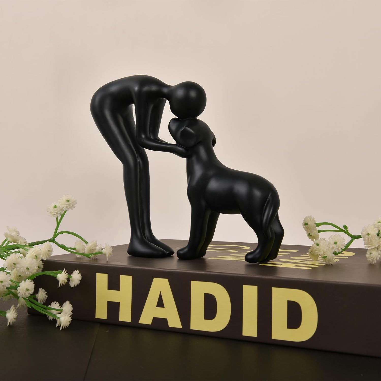 Dog Sculpture Home Decor Cute Man and Dog Statue Black