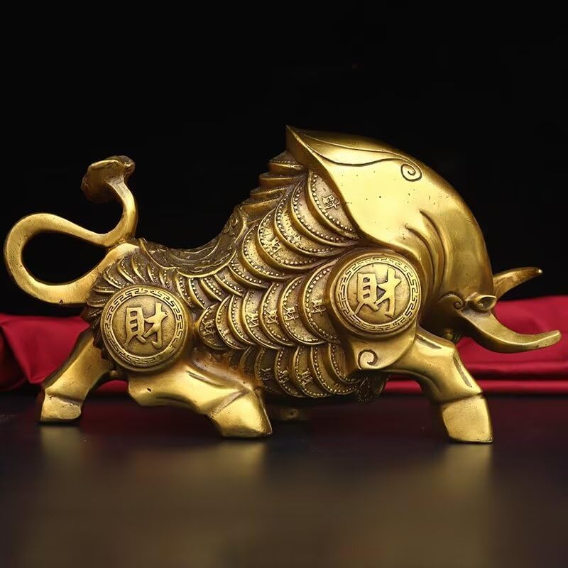 Chinese Golden Bull Brass Figurine Feng Shui Wealth Decor