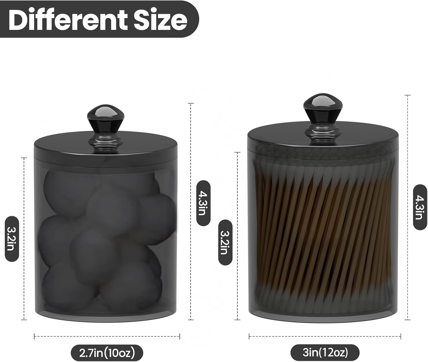 MateeyLife 6 Pack Q-tip Holder Black Acrylic Canister with Lid for Cotton Balls Swabs Pads Home Decor Storage Set