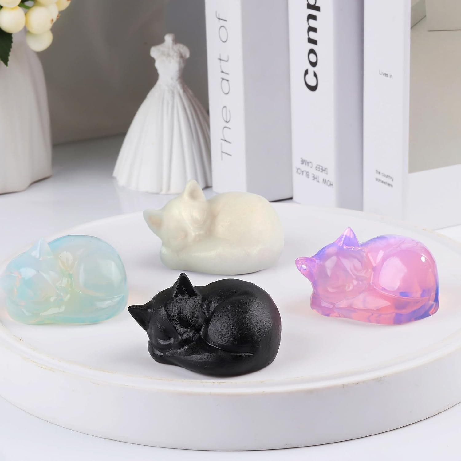 Black Obsidian Cat Statue 21 Inch Healing Crystal Decor for Home Office Desk