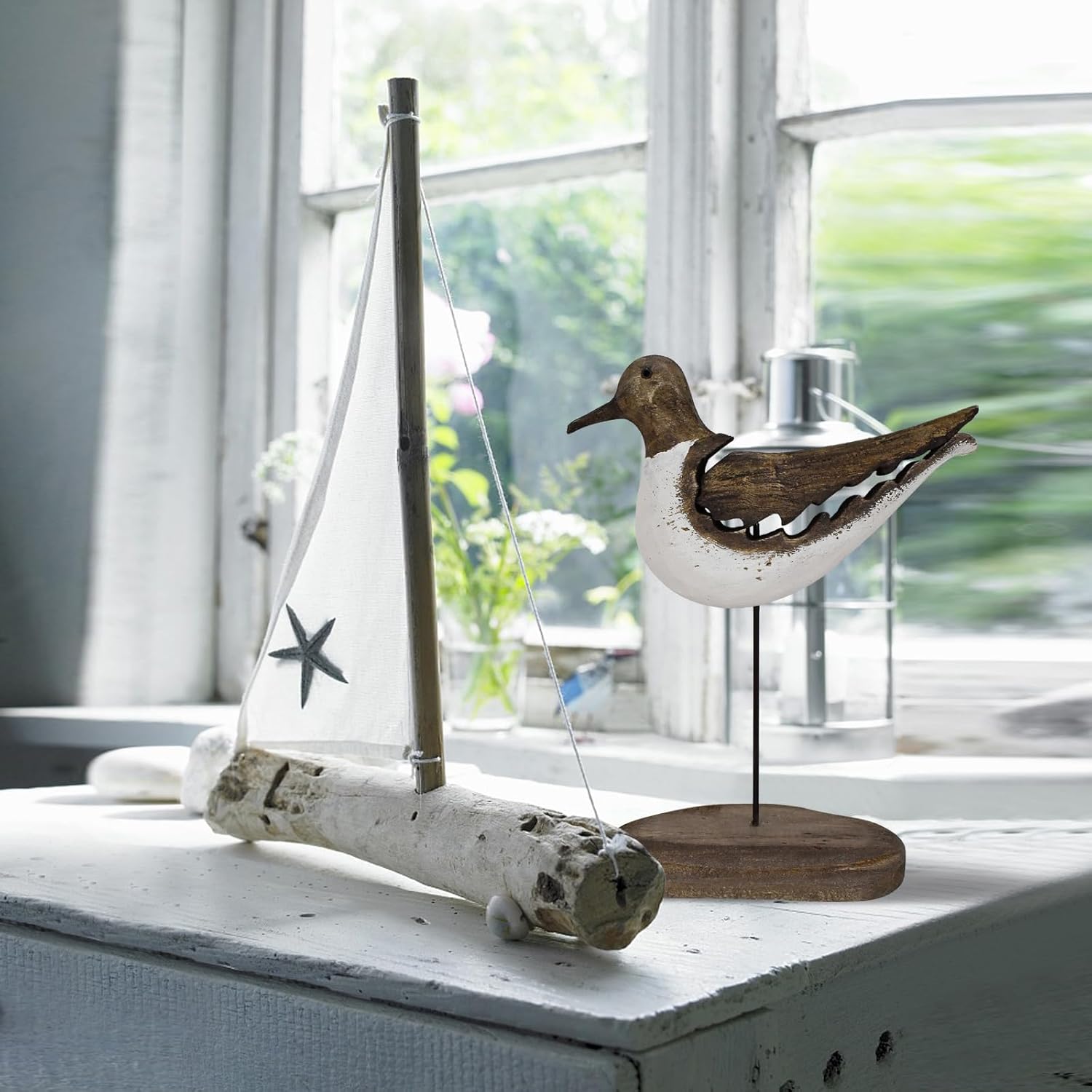Wood Seagull Figurine Nautical Decor Statue