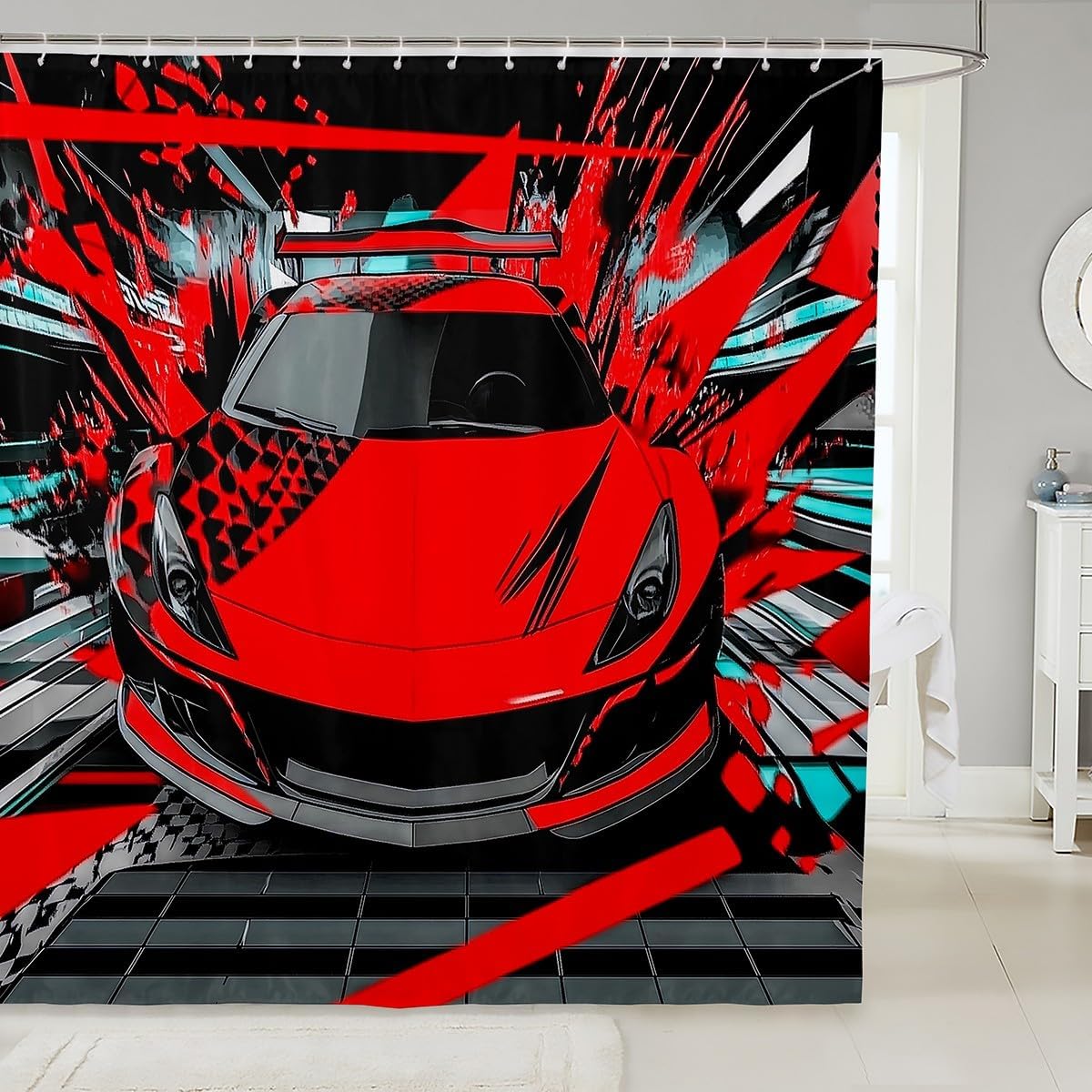 Feelyou Kids Red Race Car Shower Curtain Set