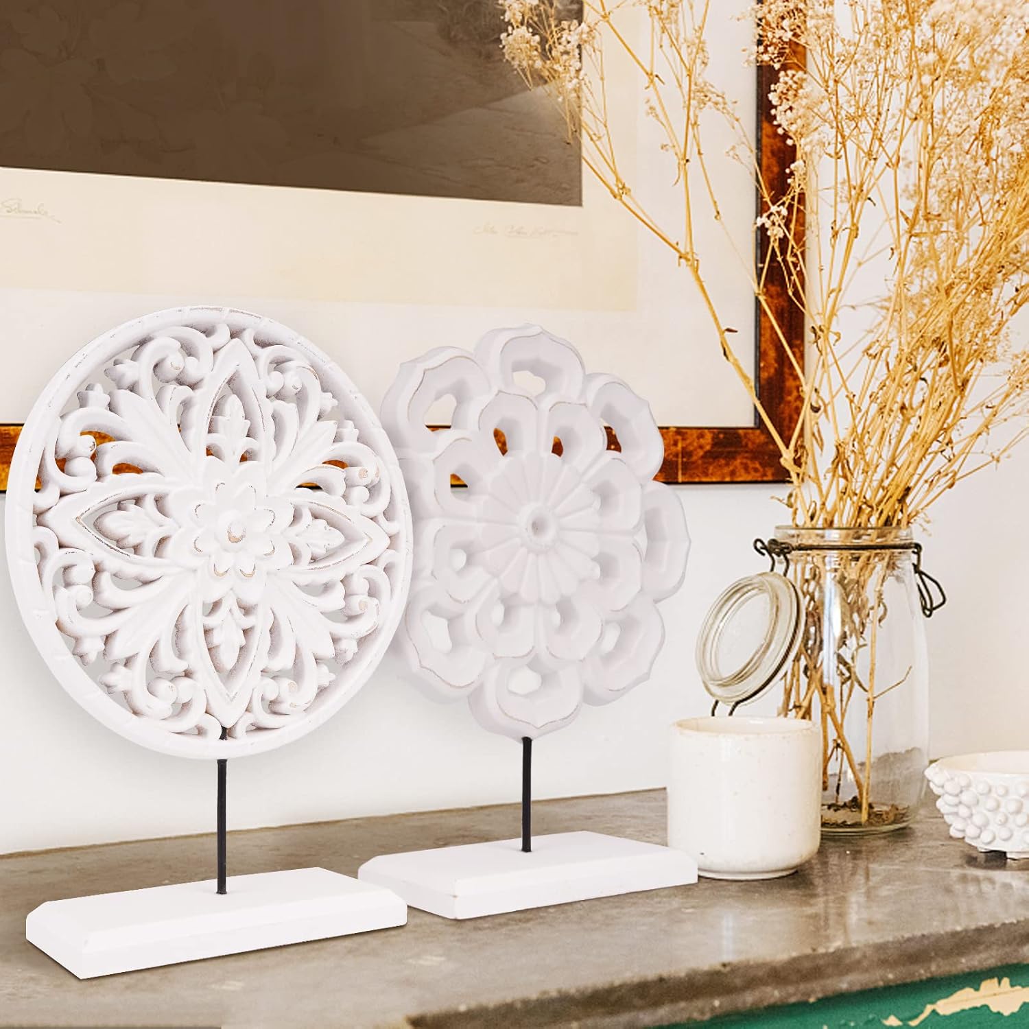 AXEARTE 2 Pack Wooden Carved Flower Medallion Sculptures 1