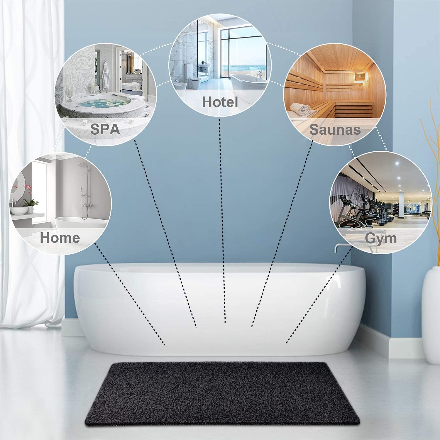 Non-Slip Bathtub Mat 157x36 Inch PVC Loofah Quick Drying Black