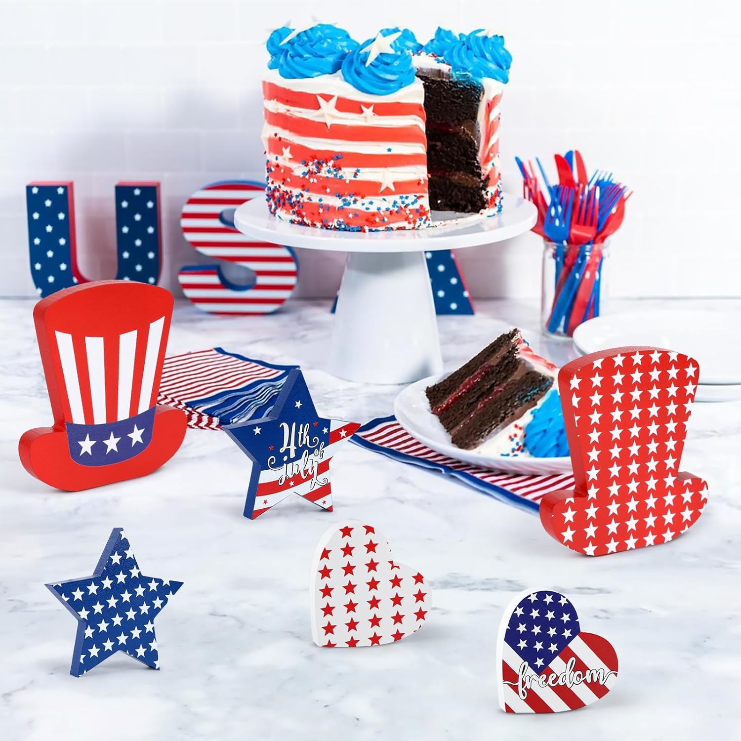 WENMAQIN 4th of July Decor Wooden Star Signs Set 6PCS