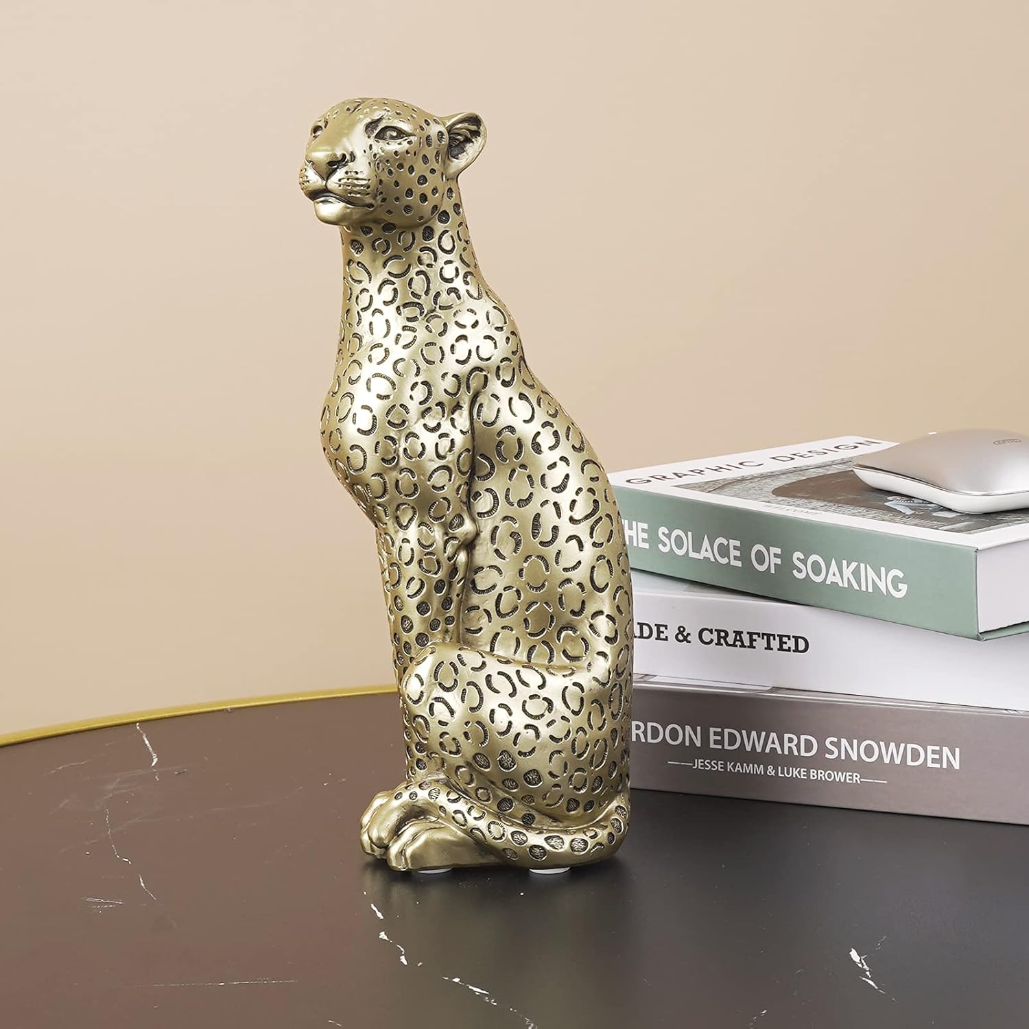 Cheetah Statue Home Decor Resin Sitting Figurine Champagne Gold