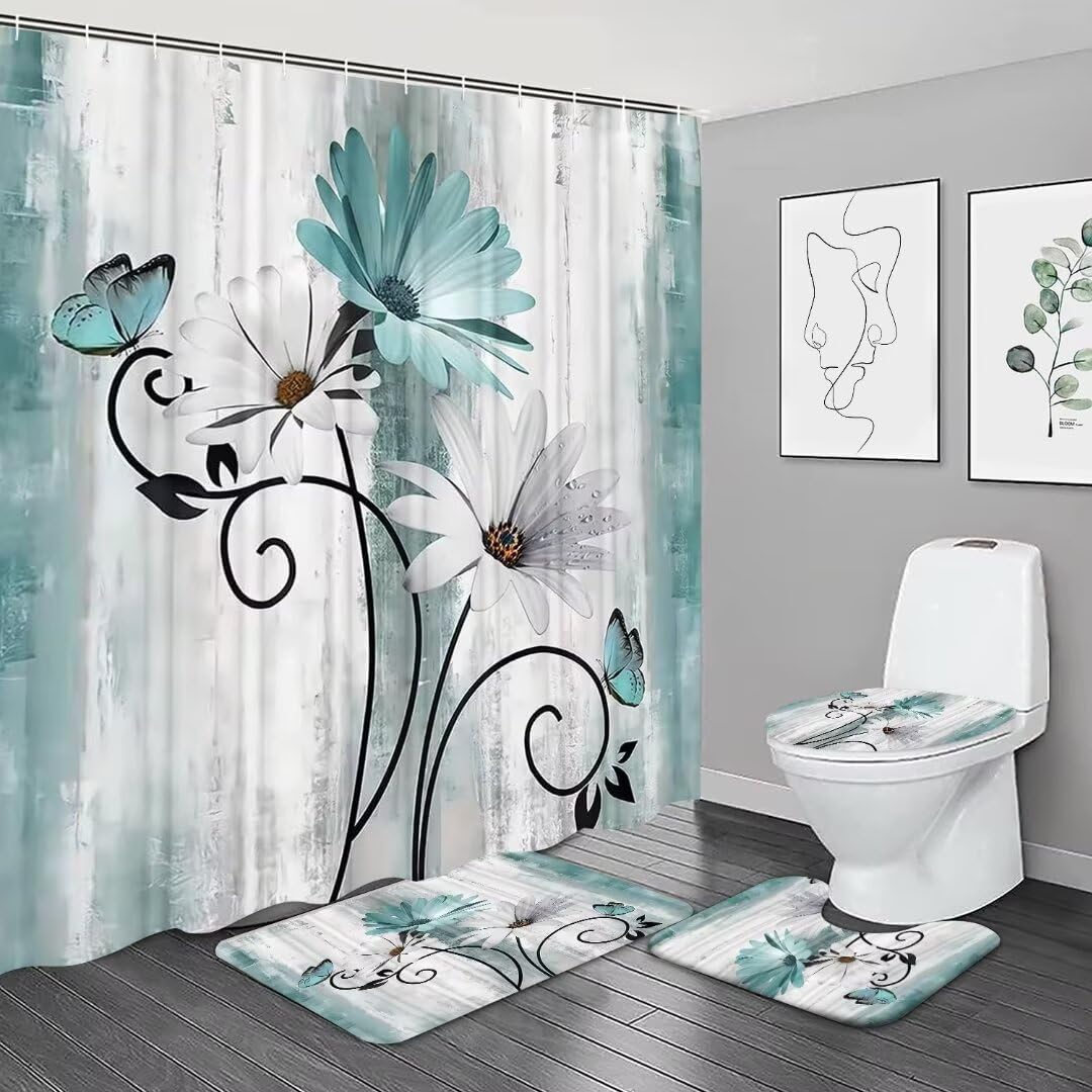 4PCS Rustic Teal Daisy Farmhouse Shower Curtain Set