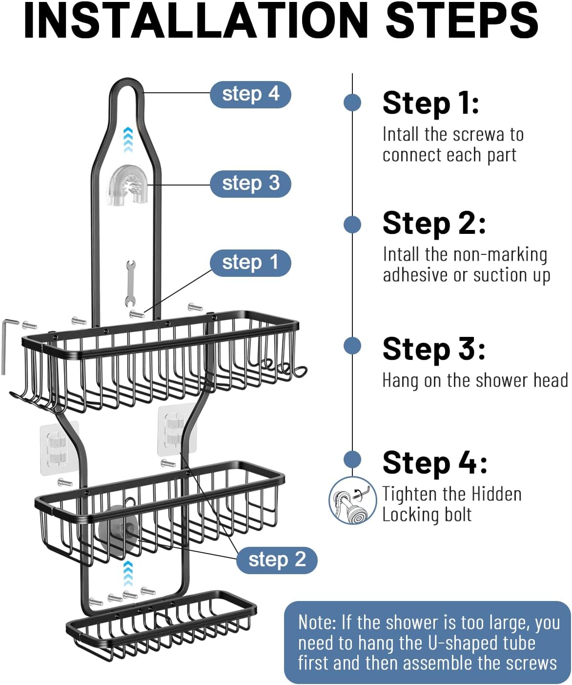 MSAICOE Shower Caddy with 6 Hooks and 3 Baskets - Aluminum Never Rust Black