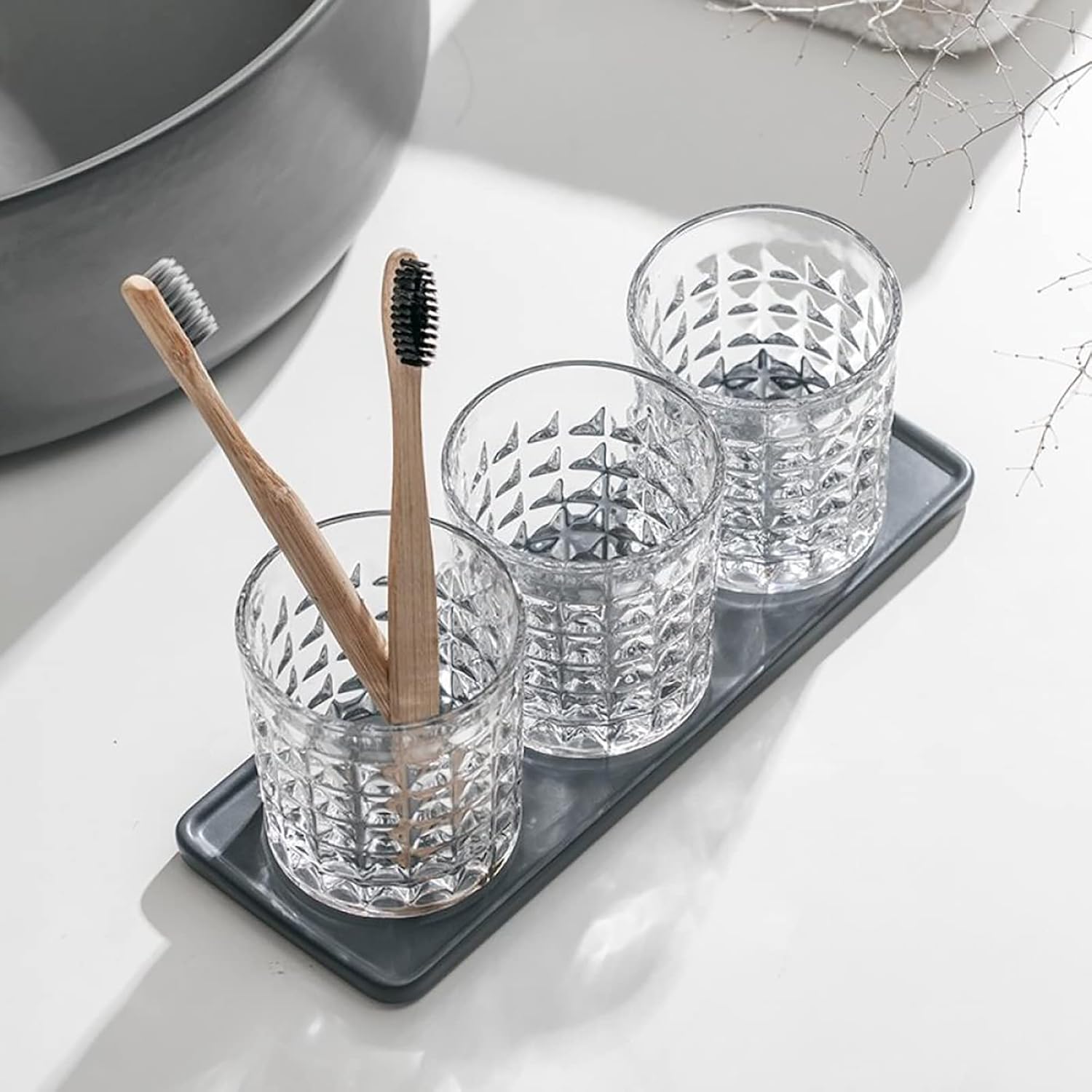 Gaolinci 2 Pcs Diamond Embossed Clear Glass Mouthwash Cups