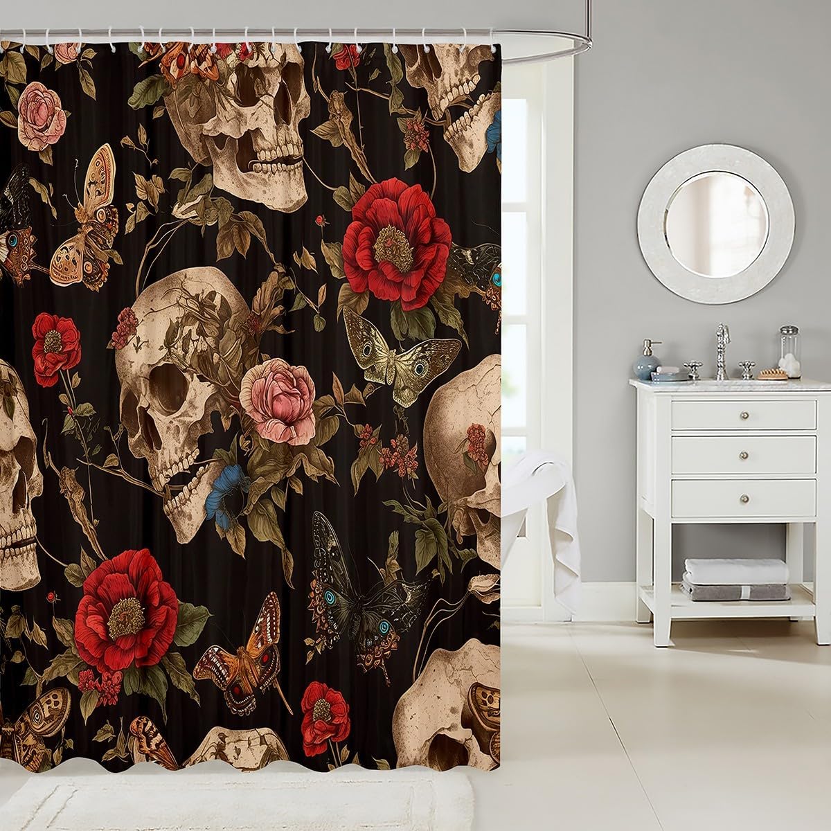 Feelyou Sugar Skull Rose Shower Curtain Set 72x72 Death Moth Gothic Floral Bath Curtain