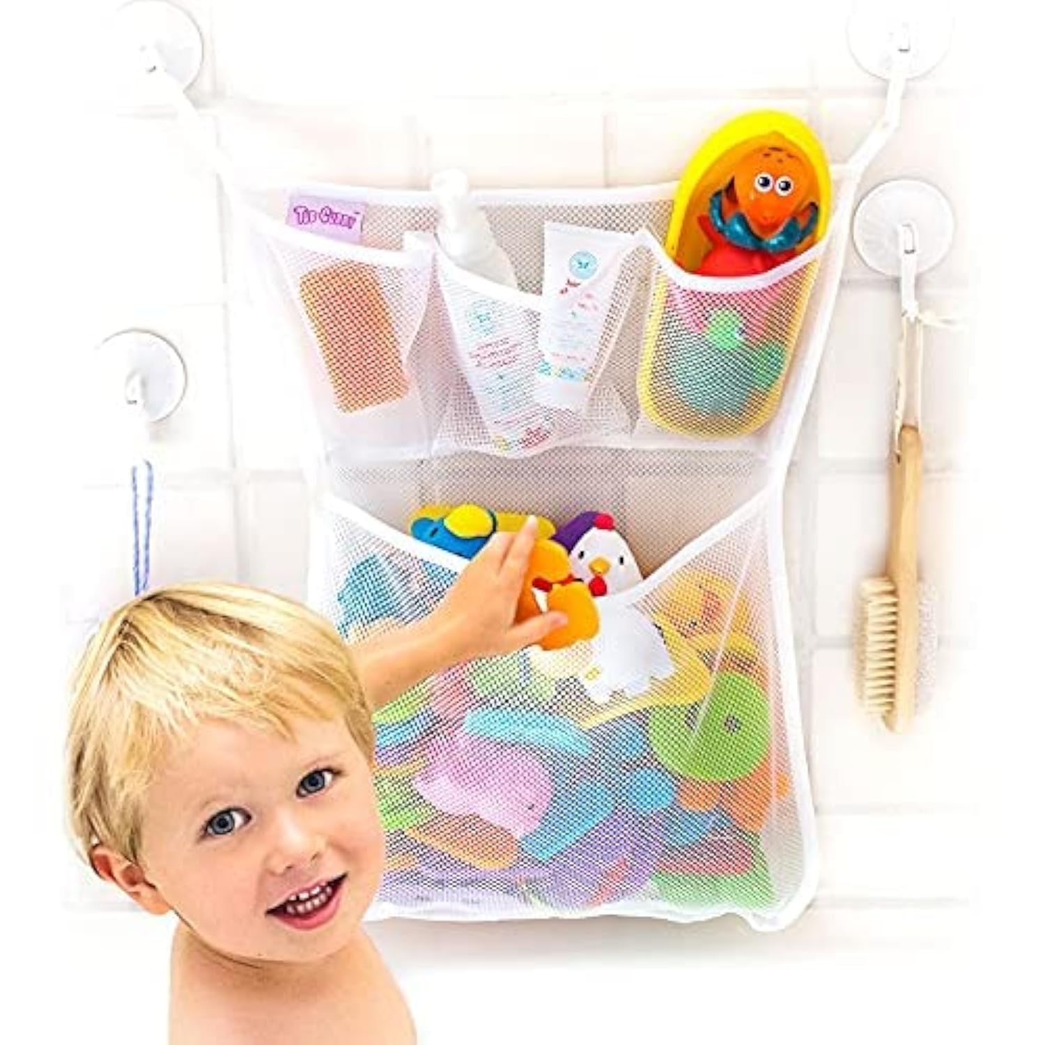 Tub Cubby Bath Toy Storage Organizer - 14x20 Mesh Caddy with Hooks Suction Cup