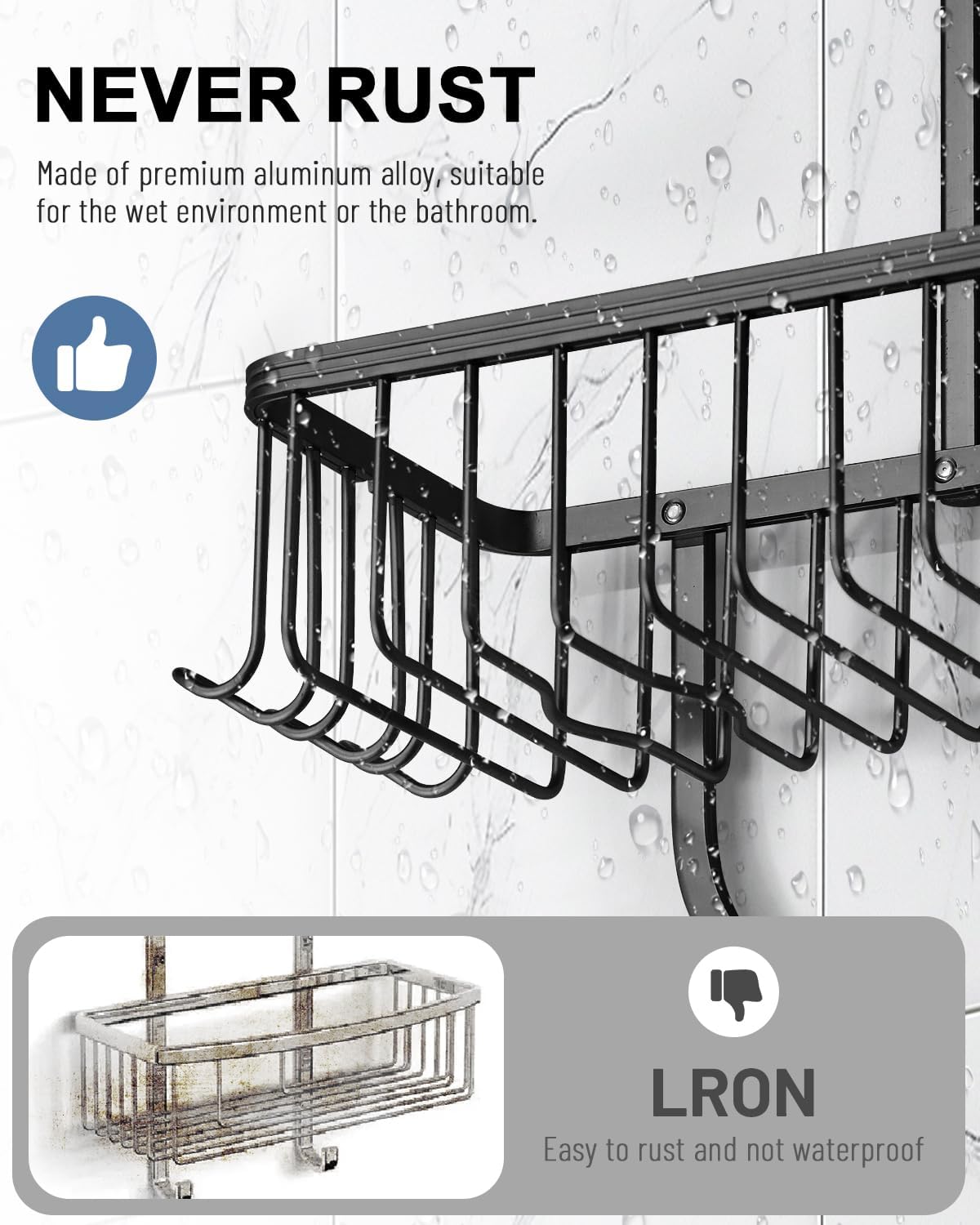 MSAICOE Shower Caddy with 6 Hooks and 3 Baskets - Aluminum Never Rust Black