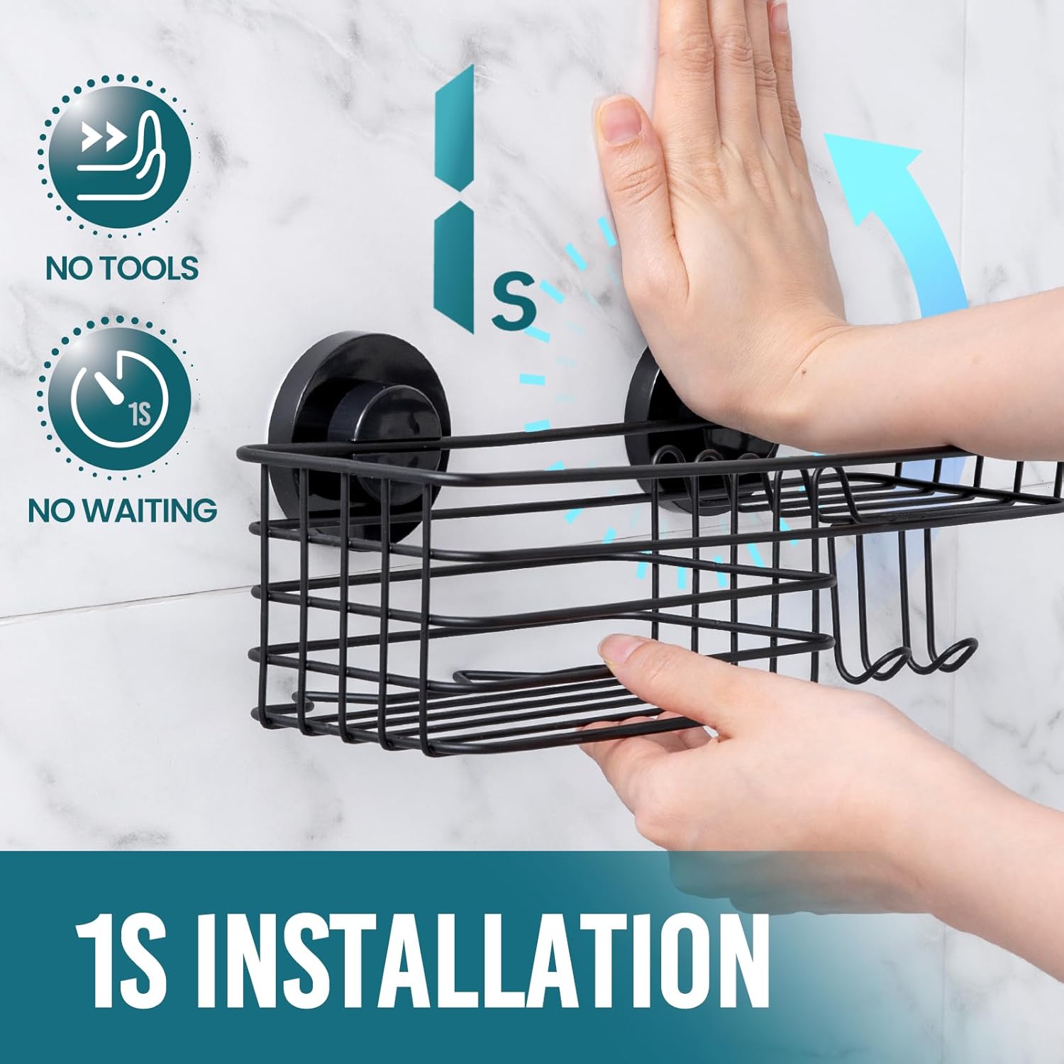 TAILI Heavy Duty Suction Shower Caddy with Hooks and Soap Holder