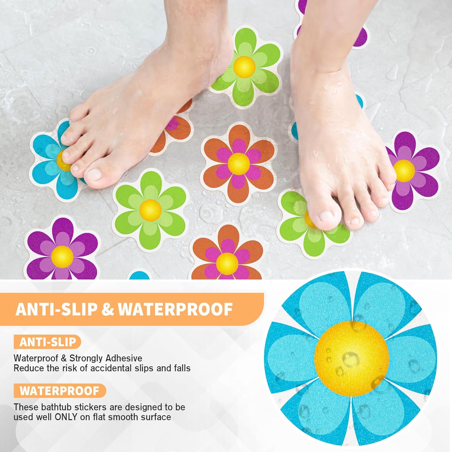 Non Slip Bathtub Stickers with Scraper 20 PCS Bright Flowers Design