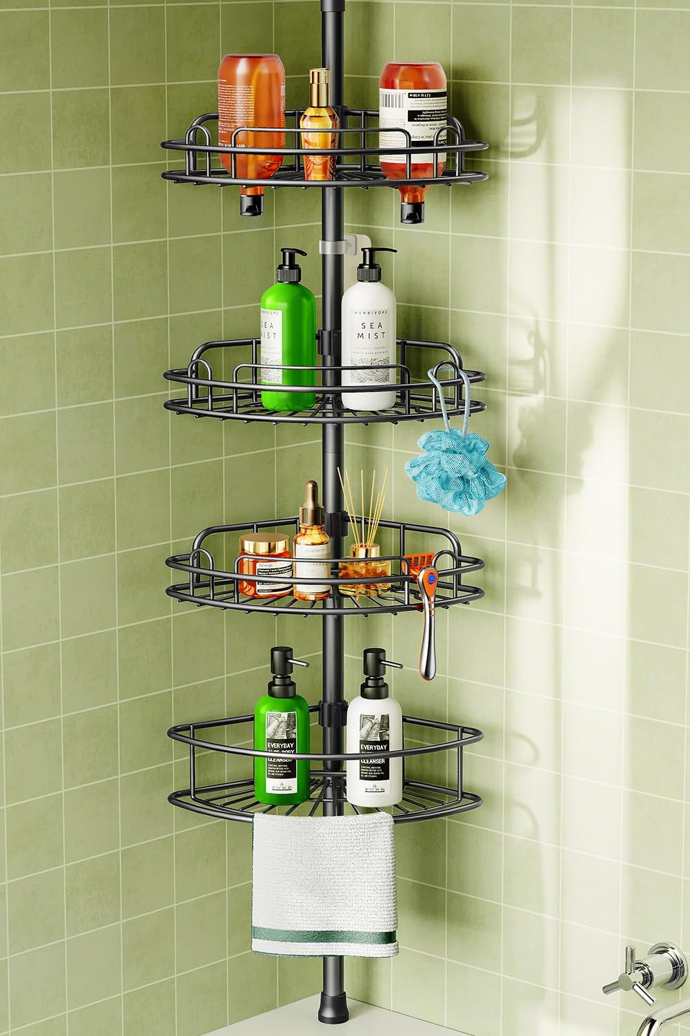 HAMITOR Corner Shower Caddy Tension Pole - 4-Tier Adjustable Rust-Resistant Organizer