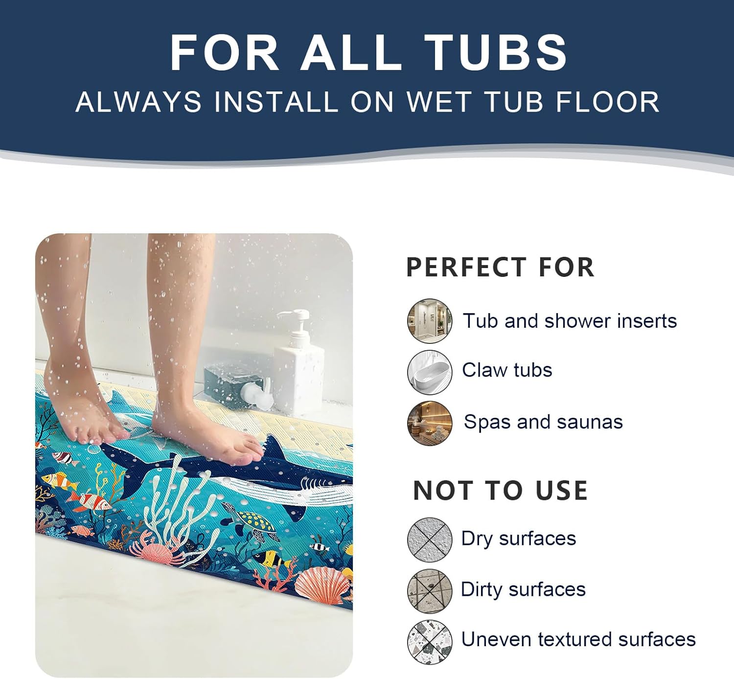 XIYUNTE Kids Bath Mat - 40x16 Non Slip with Suction Cups and Drain Holes