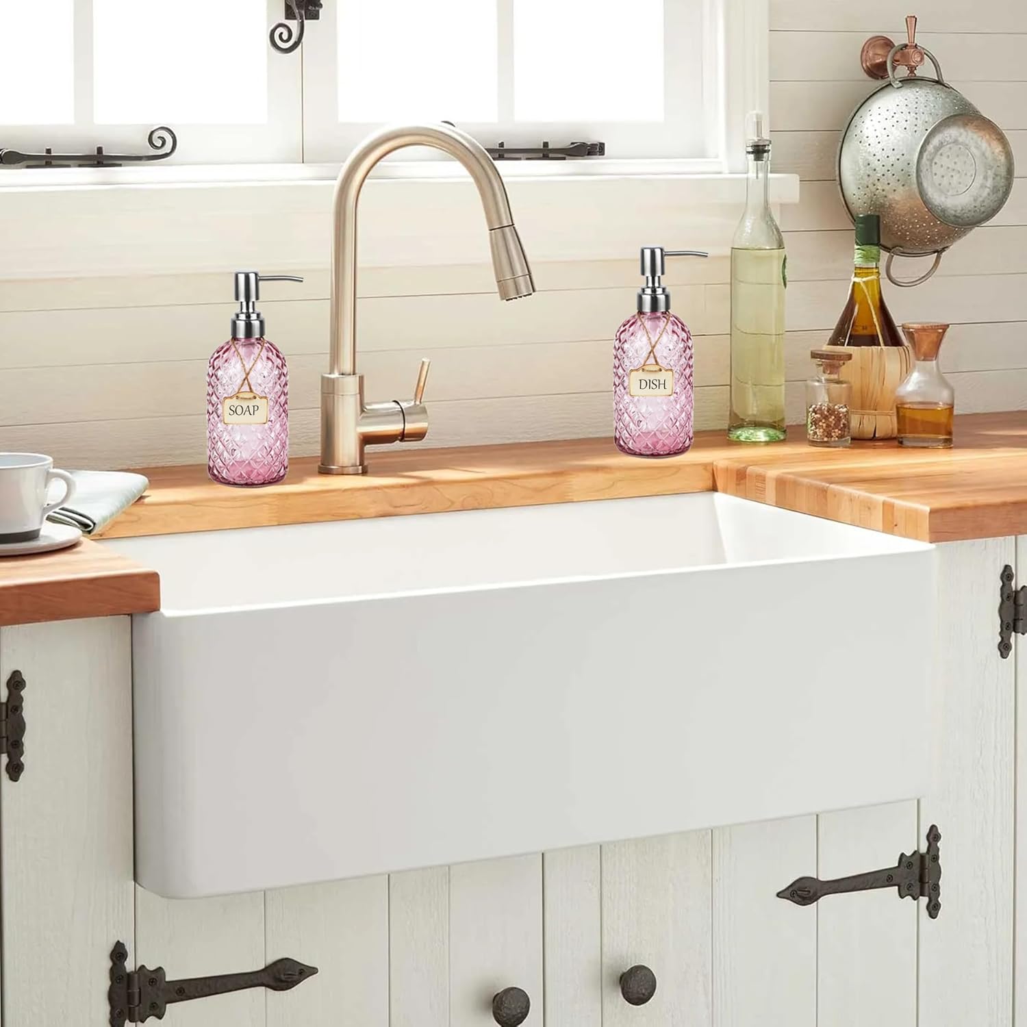 Elegant Glass Soap Dispenser with Stainless Steel Pump Pink-2pack