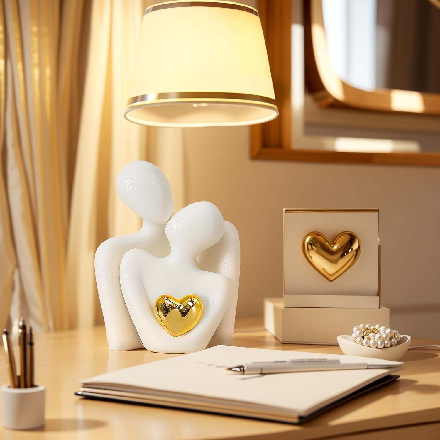 Mini Couple Statue Gold Heart Decor for Living Room
