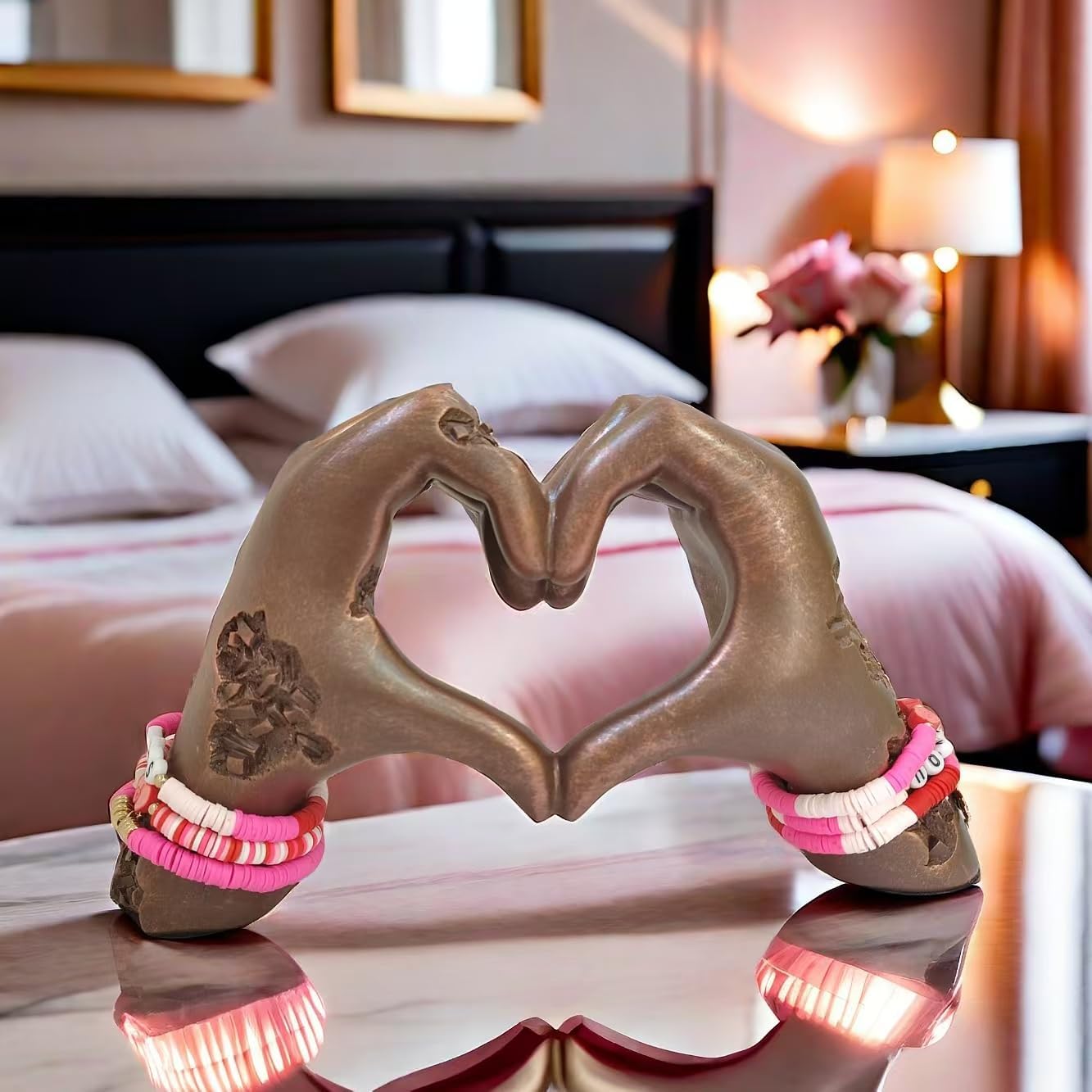 Heart-Shaped Hands Sculpture with Bracelets Brown Resin Love Statue for Home Decor