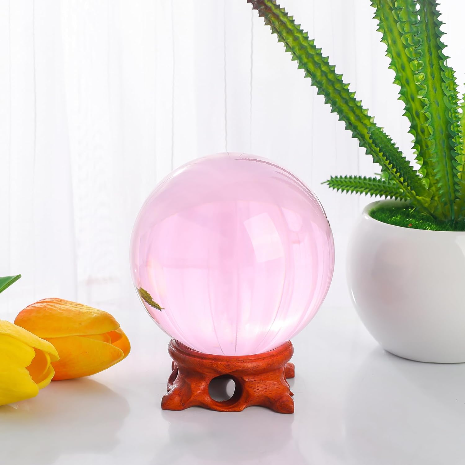 Modaier Pink Crystal Ball 80mm with Rose Stand and Gift Box