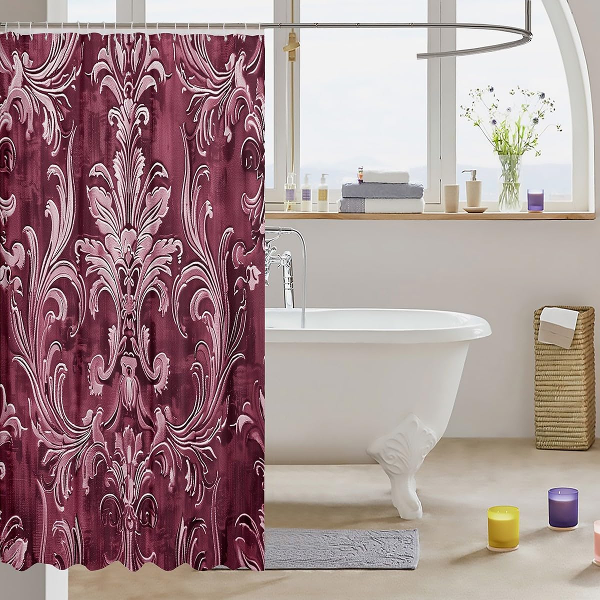 Jejeloiu Red Damask Shower Curtain Set