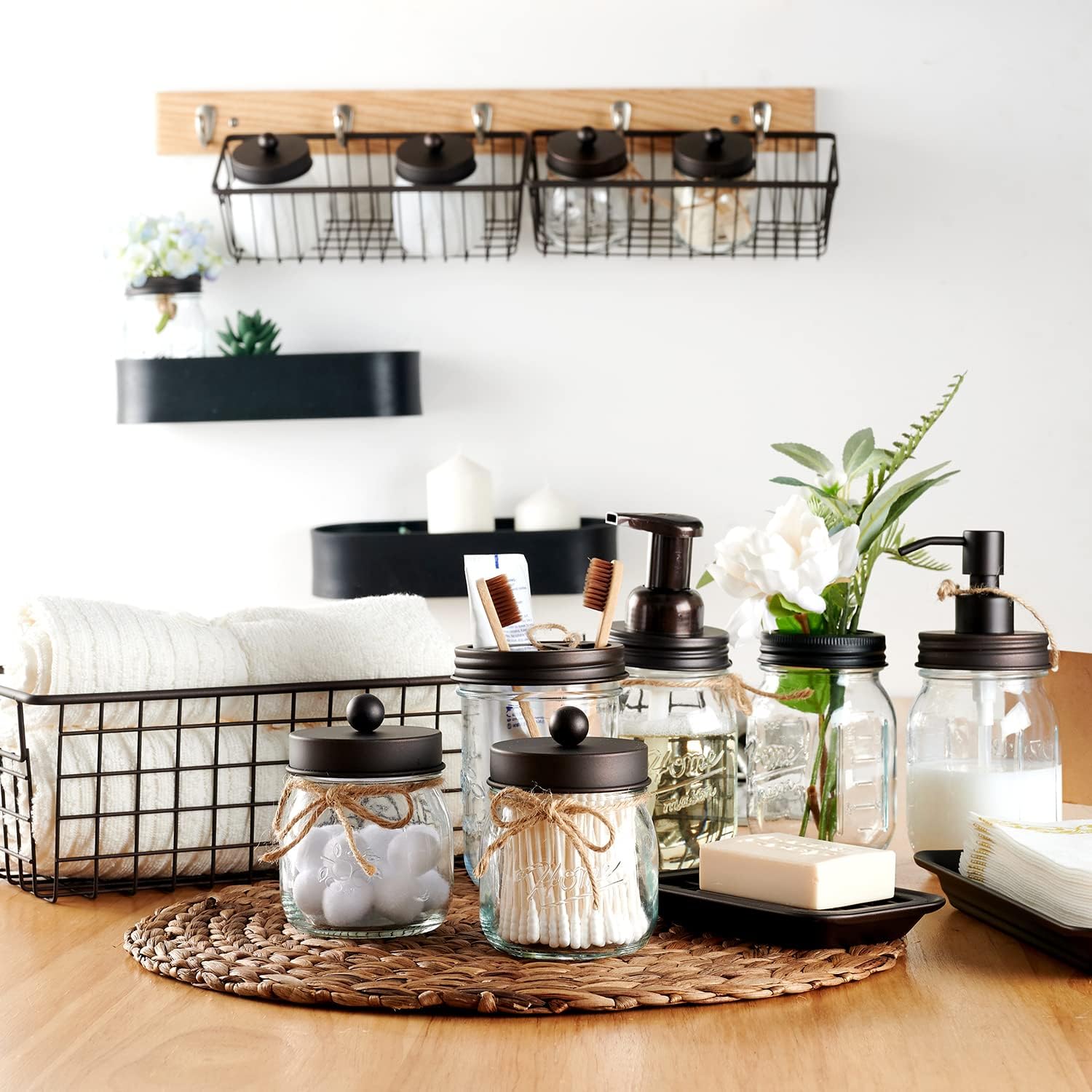 SheeChung 6Pcs Mason Jar Bathroom Set - Rustic Farmhouse Decor