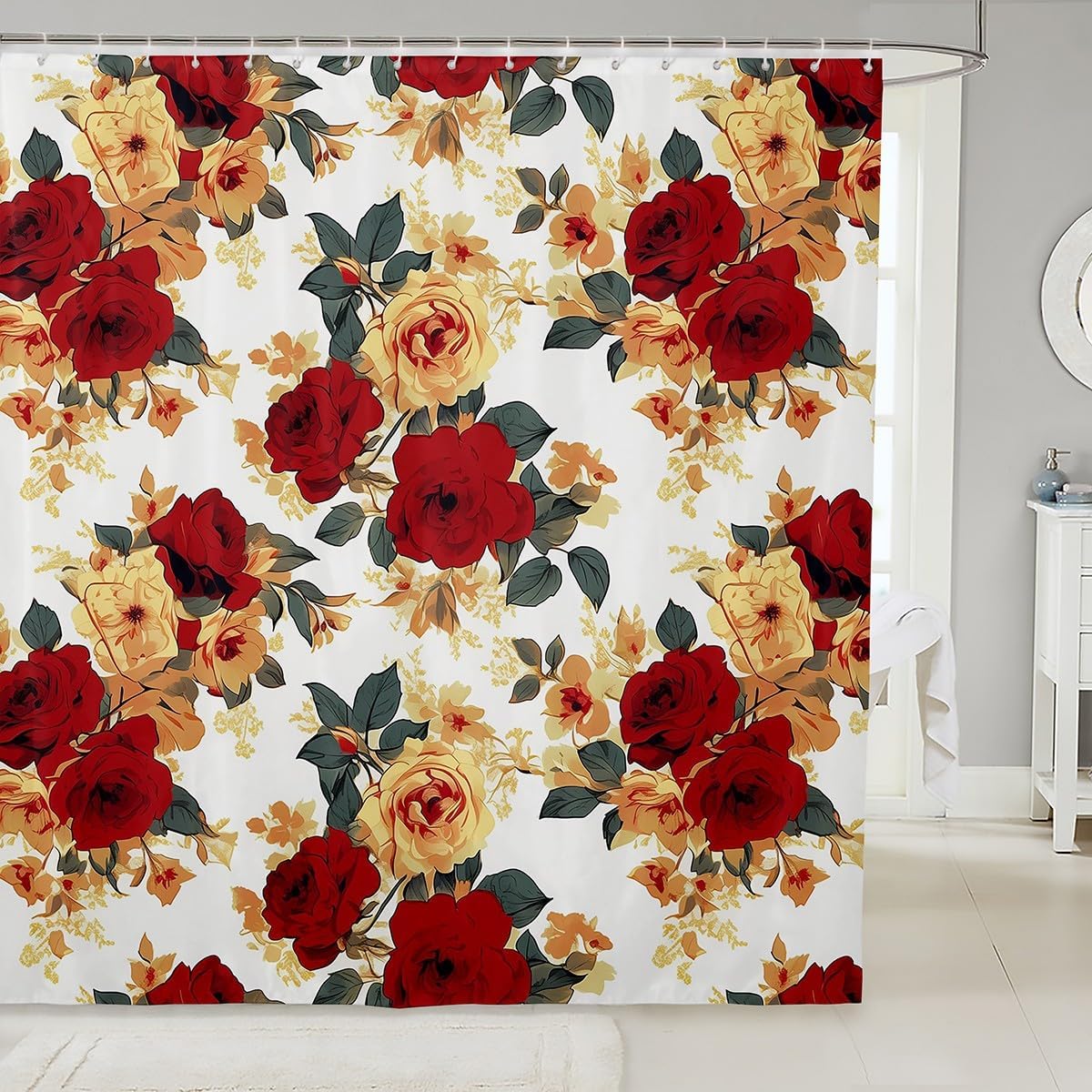 Feelyou Red Rose Floral Flower Shower Curtain Set