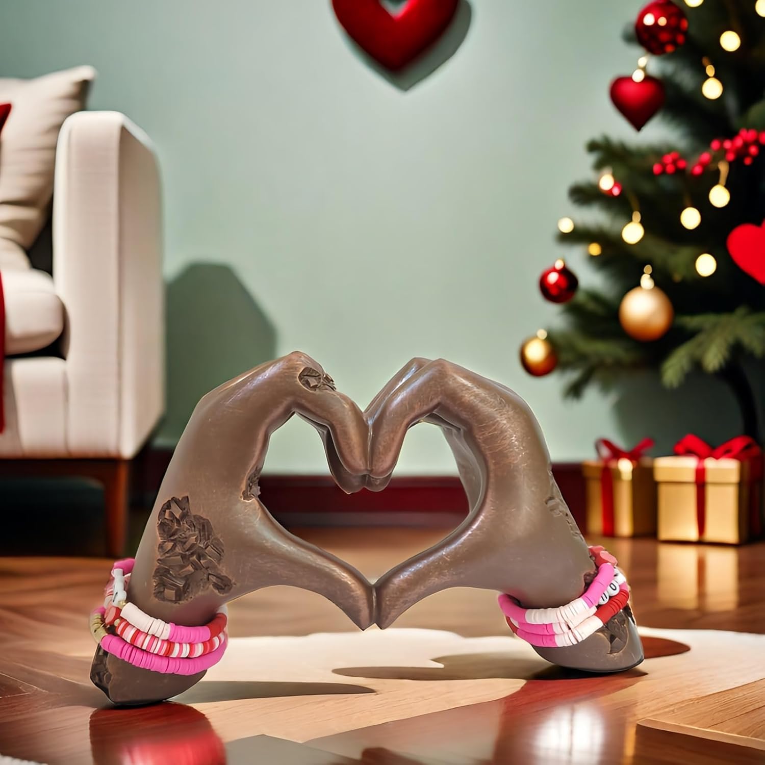 Heart-Shaped Hands Sculpture with Bracelets Brown Resin Love Statue for Home Decor