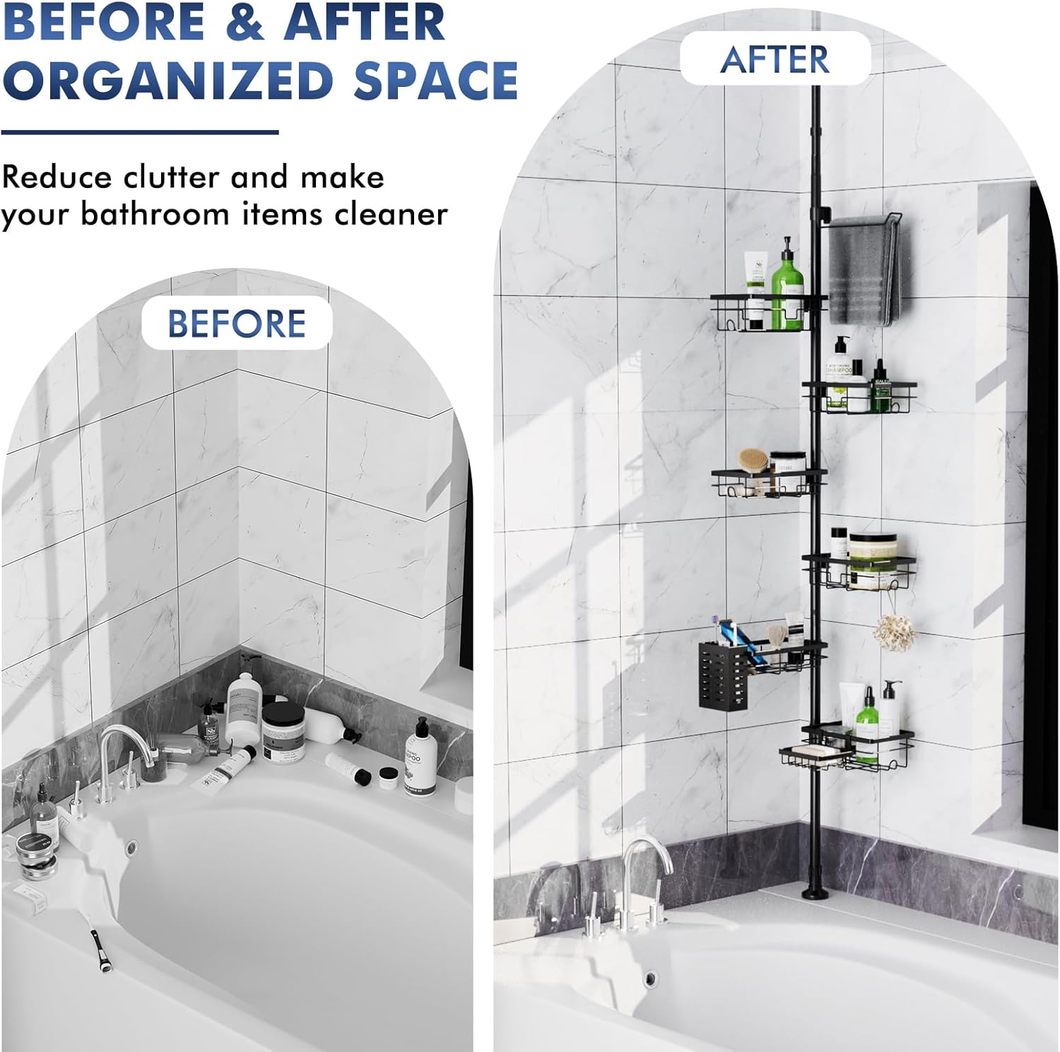 Vatex Adjustable Corner Shower Caddy Organizer with 6 Baskets and Towel Bar