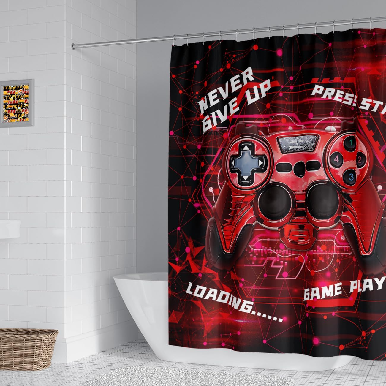 Gaming Shower Curtain for Boys - 60x72 Red Set with 12 Hooks