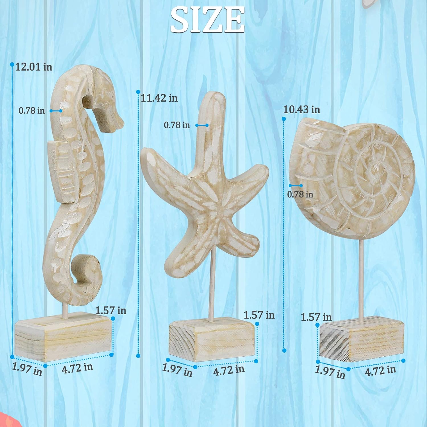 Exttlliy 3pcs Wood Handmade Beach Statues Set