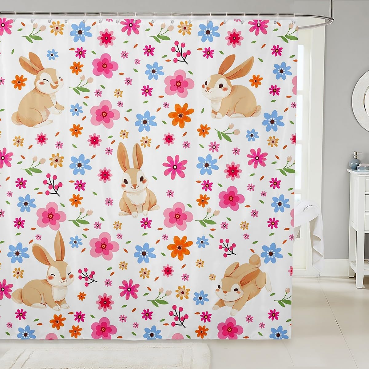 Erosebridal Kids Rabbit Flower Shower Curtain Set