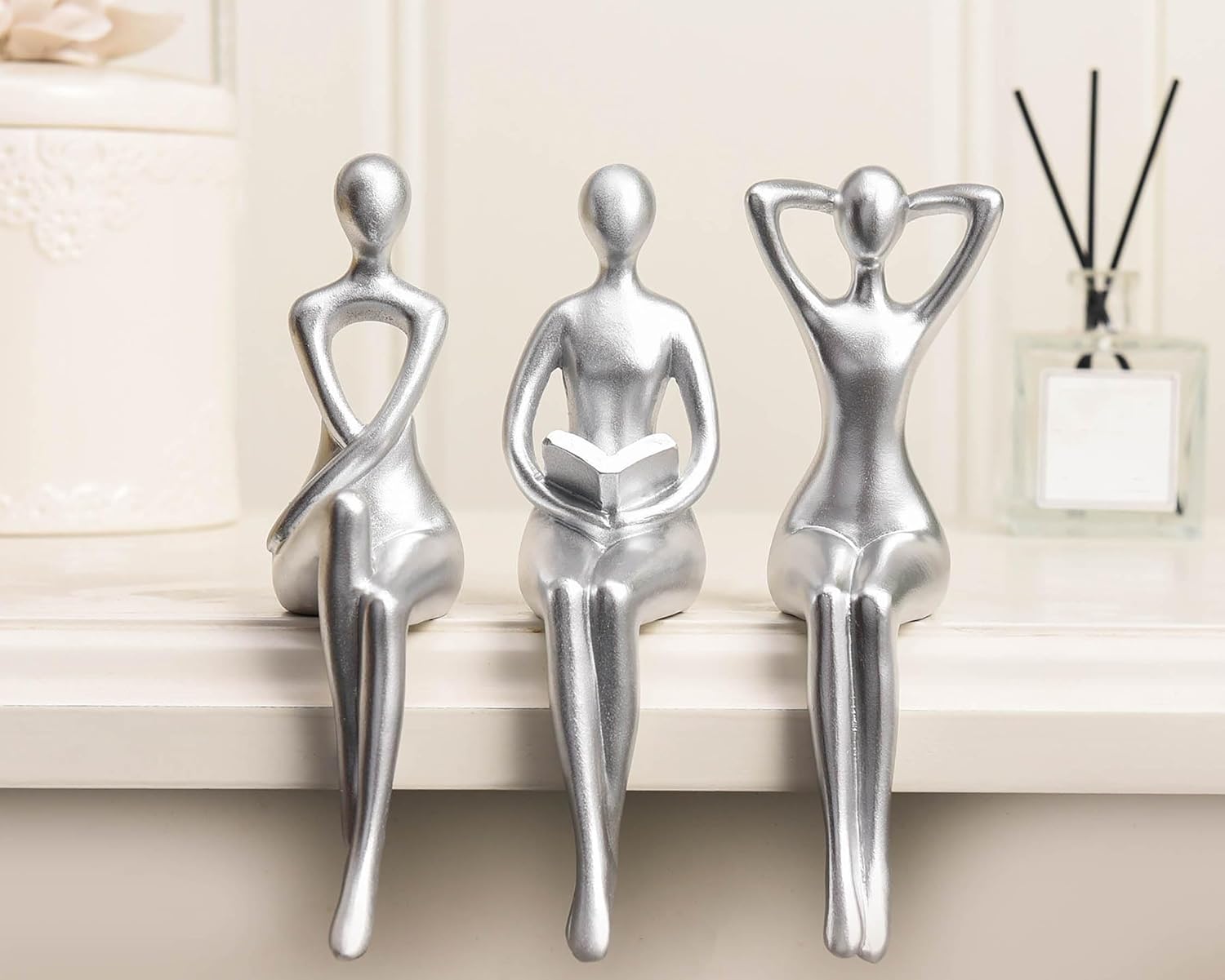 Quoowiit 3-Piece Thinker Statue Silver Sculpture Desk Decor
